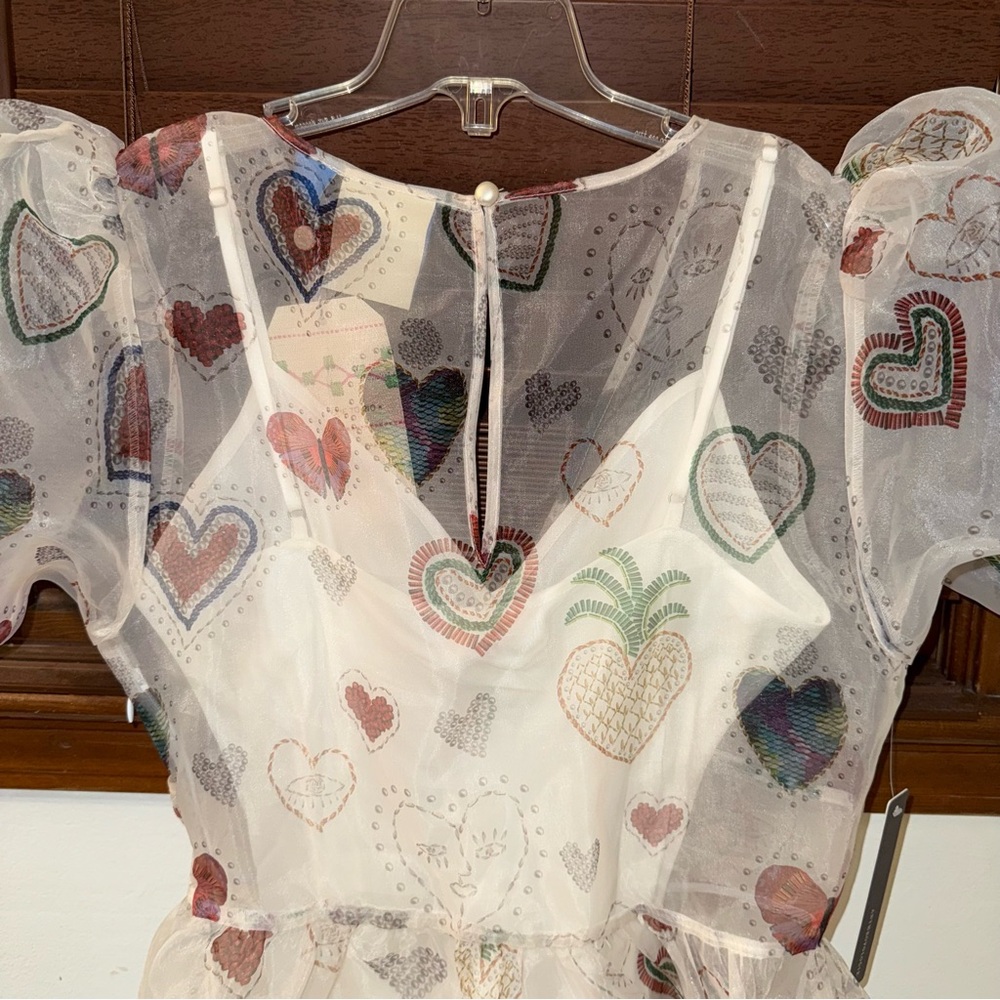 NWT $228 Anthropologie x Farm Rio Semi Sheer Puff-Sleeve Mini Heart Dress S - Picture 12 of 16